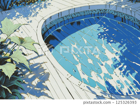 City Pop style. Faded white wooden deck, white waves on the surface of the pool, and green tropical plants and ornamental plants. City Pop style. Faded white wooden deck, white waves on the surface of the pool, and green tropical plants and ornamental plants. 125326393
