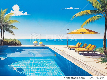 City Pop style, white clouds and blue sky, yellow parasol and chairs, white poolside and palm trees, blue pool 125326394