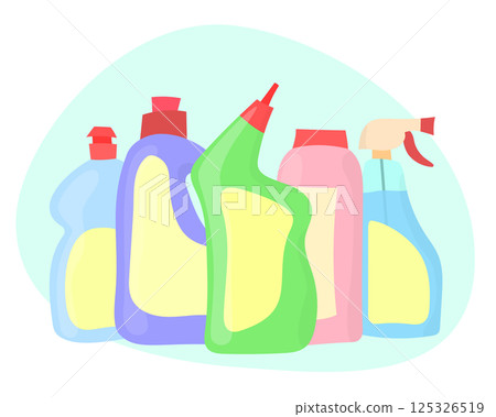 Detergent bottles household chemicals Vector set isolated. Colorful bottles of various shapes. 125326519