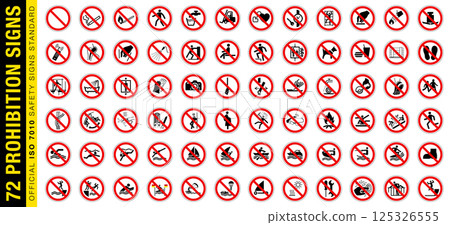 Full set of 72 isolated prohibition symbols on red crossed out circle board warning sign. Official ISO 7010 safety signs standard. 125326555
