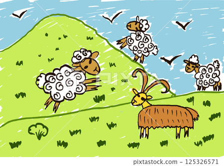 Cartoon Sheep and Goat on Green Hill 125326571