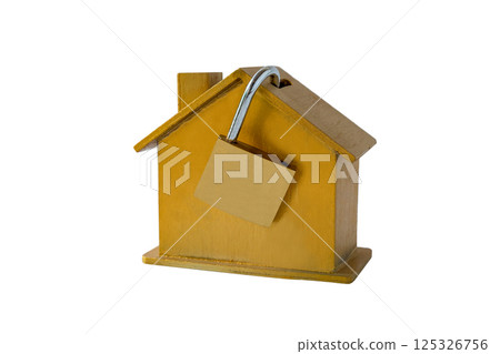 Wooden model house and padlock ,Home security concept. Wooden model house and padlock ,Home security concept. 125326756