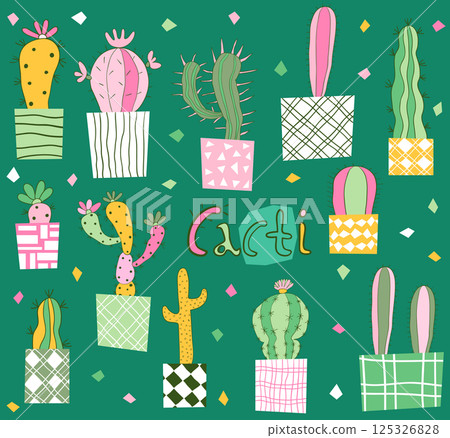 Modern colorful vector cactus flower in geometric shaped pots in green, pink and yellow colors, fun houseplant set 125326828