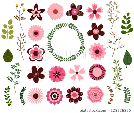 Pink and brown flower elements and green leaves set 125326830