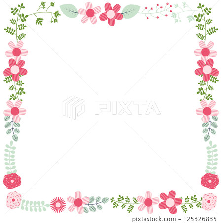 Cute vector floral frame template with pink flowers and green leaves for wedding invitations, greeting cards and other designs Cute vector floral frame template with pink flowers and green leaves for wedding invitations, greeting cards and other designs 125326835