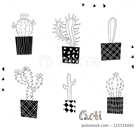 Cute and modern hand drawn cactus plants in black and white i flowering pots with different geometric shapes 125326885