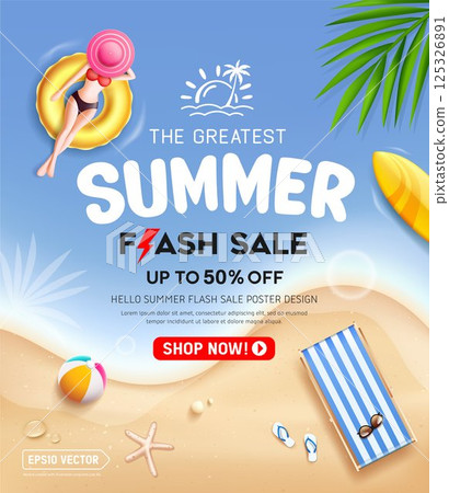 Summer sale poster, woman sunbathing round float, coconut leaf, surfboard, beach bed on island beach sea blue background Summer sale poster, woman sunbathing round float, coconut leaf, surfboard, beach bed on island beach sea blue background 125326891