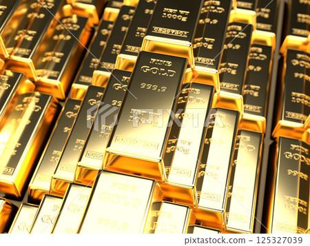 Photorealistic 3D illustration of piles of gold bars, ingots Photorealistic 3D illustration of piles of gold bars, ingots 125327039