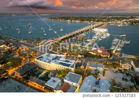 St. Augustine, Florida. American architecture with illuminated city streets and historical buildings at night. USA travel destination 125327183