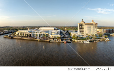 Savannah convention center in Savannah, Georgia. Waterfront American architecture. Southern USA cityscape at sunset 125327218