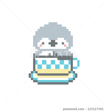 Light blue coffee cup and owl pixel art Light blue coffee cup and owl pixel art 125327305