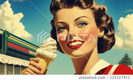 Smiling retro woman holding plate with whipped dessert. Pin-up style illustration with diner background. Vintage sweets and bakery concept. Design for poster, banner, postcard, greeting card Smiling retro woman holding plate with whipped dessert. Pin-up style illustration with diner background. Vintage sweets and bakery concept. Design for poster, banner, postcard, greeting card 125327451