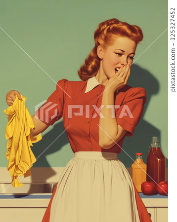 Surprised retro housewife holding dirty yellow rag in kitchen. Vintage illustration with cleaning supplies and food on counter. Design for poster, banner, postcard, greeting card Surprised retro housewife holding dirty yellow rag in kitchen. Vintage illustration with cleaning supplies and food on counter. Design for poster, banner, postcard, greeting card 125327452