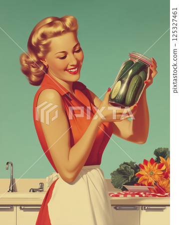 Smiling woman in red blouse and white apron holding jar of pickled cucumbers in vintage kitchen interior. Realistic digital illustration in pin-up style. Home canning and retro domestic concept. Smiling woman in red blouse and white apron holding jar of pickled cucumbers in vintage kitchen interior. Realistic digital illustration in pin-up style. Home canning and retro domestic concept. 125327461