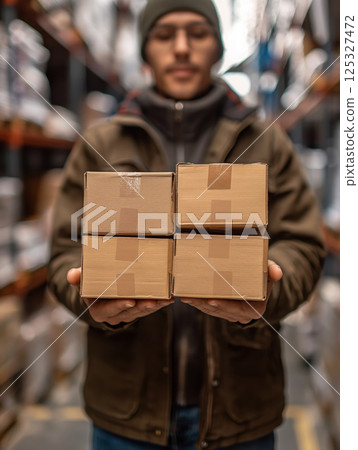 Man holding four cardboard boxes in warehouse. Logistics and delivery concept. Industrial storage background with blurred shelves. Design for banner, poster, postcard, header 125327472