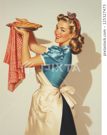 1950s woman with curled hairstyle and headband hanging kitchen towel beside baked pie. Pin-up style digital illustration. Home routine and domestic atmosphere concept. Design for greeting card, 125327473