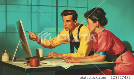 Office scene with retro couple sitting at desk with computer. Vintage business teamwork illustration in bright interior. Design for greeting card, banner, poster, postcard Office scene with retro couple sitting at desk with computer. Vintage business teamwork illustration in bright interior. Design for greeting card, banner, poster, postcard 125327481