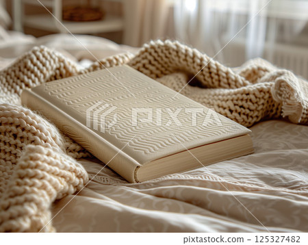 Closed beige hardcover book lying on bed with knitted blanket. Hardcover book mockup in cozy interior. Book cover template. Design for postcard, invitation, banner, poster Closed beige hardcover book lying on bed with knitted blanket. Hardcover book mockup in cozy interior. Book cover template. Design for postcard, invitation, banner, poster 125327482