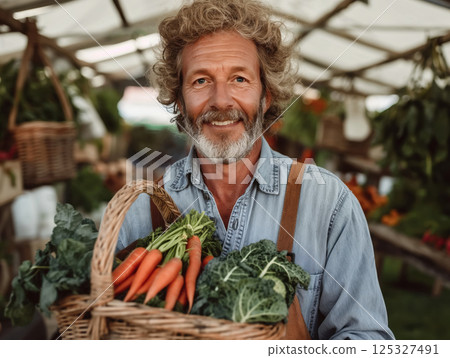 Portrait of man in blue shirt standing at vegetable stall under striped canopy. Natural street market setting. Fresh harvest and food selling concept. Design for print, poster, banner, invitation. Portrait of man in blue shirt standing at vegetable stall under striped canopy. Natural street market setting. Fresh harvest and food selling concept. Design for print, poster, banner, invitation. 125327491
