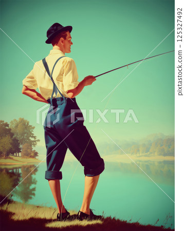 Fisherman in hat standing on riverbank holding fishing rod. Peaceful natural scenery with reflections on water. Retro illustration. Design for postcard, poster, banner, invitation Fisherman in hat standing on riverbank holding fishing rod. Peaceful natural scenery with reflections on water. Retro illustration. Design for postcard, poster, banner, invitation 125327492