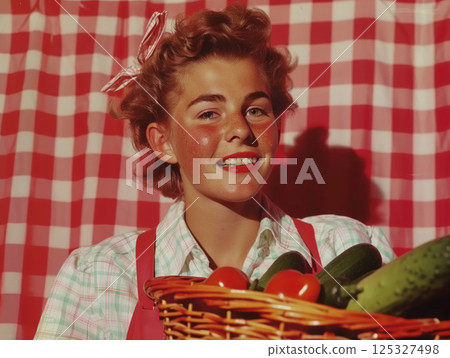 Smiling woman in checkered shirt and apron holding basket with vegetables in front of red gingham curtain. Vintage retro portrait photography. Home gardening and organic food concept. Design for Smiling woman in checkered shirt and apron holding basket with vegetables in front of red gingham curtain. Vintage retro portrait photography. Home gardening and organic food concept. Design for 125327498