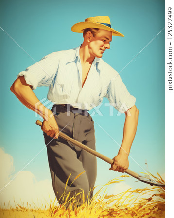 Male farmer cutting ripe wheat with scythe in sunny field. Vintage poster-style illustration with landscape background. Traditional farming and manual labor concept. Design for postcard, wallpaper, 125327499