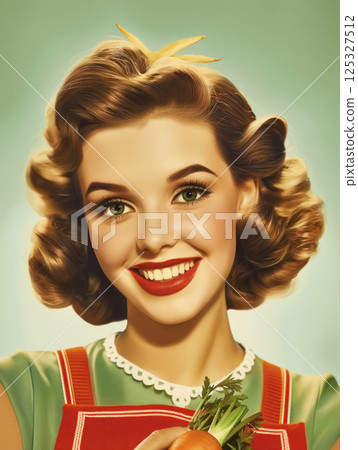 Smiling woman in retro outfit holding fresh carrots. Stylized vintage digital illustration with green background. Healthy food and home cooking concept for poster and print 125327512
