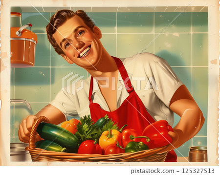 Man in white shirt and apron holding basket of fresh vegetables in tiled kitchen. Retro advertising illustration in vintage pin-up art style. Home cooking and healthy food concept. Design for poster, 125327513