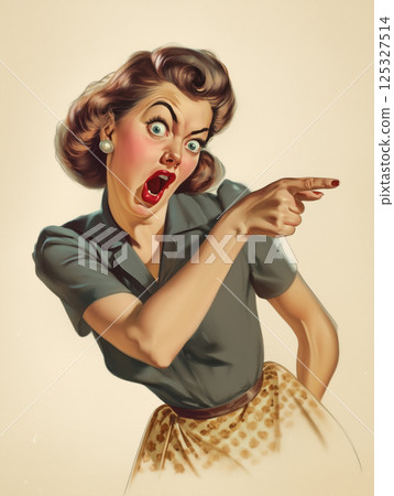 Surprised retro woman pointing to the side with wide eyes. Pin-up style illustration with expressive gesture. Vintage emotional reaction concept. Design for poster, banner, postcard, greeting card 125327514