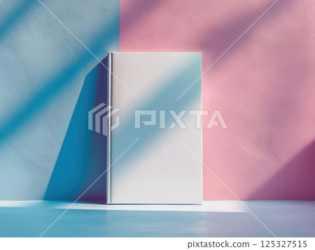 Hardcover book with blank white dust jacket standing upright. Studio book mockup on color backdrop. Book cover design template. Design for banner, poster, invitation, greeting card 125327515