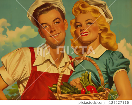 A couple man and woman holding basket with fresh vegetables on countertop. Pin-up style retro air advertising illustration. Culinary lifestyle and vegetable harvest concept. Design for print, banner, 125327516