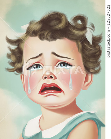 Sad retro girl with blue ribbon and tear-streaked face. Pin-up style illustration of emotional childhood moment. Design for postcard, poster, banner, greeting card Sad retro girl with blue ribbon and tear-streaked face. Pin-up style illustration of emotional childhood moment. Design for postcard, poster, banner, greeting card 125327522