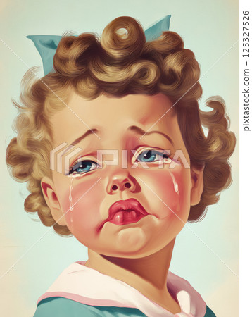 Crying retro girl with tears on cheeks and sad expression. Pin-up style vintage illustration of emotional child. Design for postcard, banner, greeting card, poster Crying retro girl with tears on cheeks and sad expression. Pin-up style vintage illustration of emotional child. Design for postcard, banner, greeting card, poster 125327526