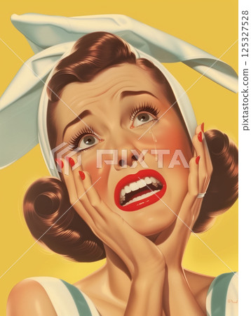 Weeping woman with vintage hairstyle and red lipstick in yellow dress. Retro style digital illustration with dramatic facial expression. Emotional breakdown and domestic life concept for poster and Weeping woman with vintage hairstyle and red lipstick in yellow dress. Retro style digital illustration with dramatic facial expression. Emotional breakdown and domestic life concept for poster and 125327528