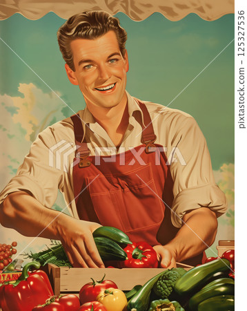Male cook in checkered apron posing with vegetable basket on kitchen table. Retro pin-up advertising illustration. Vegetarian food and cooking at home concept. Design for banner, poster, invitation, 125327536