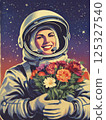 Smiling female astronaut in open helmet holding bouquet of flowers. Retro-futuristic illustration with starry cosmic background. Vintage space exploration concept. Design for poster, banner, greeting 125327540