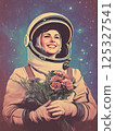 Woman in space suit with bouquet of colorful flowers. Retro-style astronaut illustration with cosmic background. Space celebration concept. Design for greeting card, banner, invitation, poster 125327541