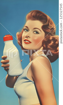 Smiling woman holding plastic milk bottle with red cap. Stylized vintage digital illustration on blue background. Dairy advertising and nutrition concept for poster and print Smiling woman holding plastic milk bottle with red cap. Stylized vintage digital illustration on blue background. Dairy advertising and nutrition concept for poster and print 125327545
