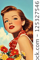 Close-up of vintage woman with curled hair and red lipstick in retro outfit. Pin-up portrait with blue sky backdrop. Design for greeting card, poster, invitation, banner 125327546