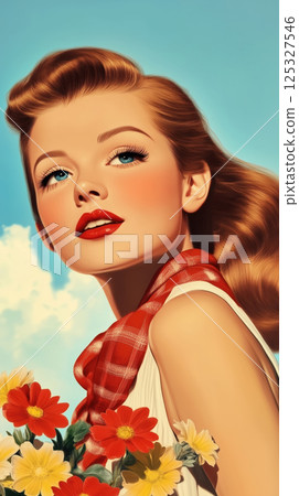 Close-up of vintage woman with curled hair and red lipstick in retro outfit. Pin-up portrait with blue sky backdrop. Design for greeting card, poster, invitation, banner Close-up of vintage woman with curled hair and red lipstick in retro outfit. Pin-up portrait with blue sky backdrop. Design for greeting card, poster, invitation, banner 125327546