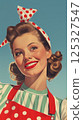 Portrait of smiling retro woman in red polka dot apron and headband. Pin-up style illustration on blue background. Vintage beauty and fashion concept. Design for postcard, banner, poster, greeting 125327547