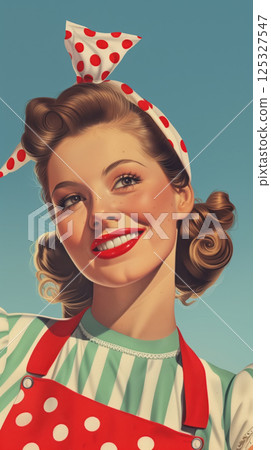 Portrait of smiling retro woman in red polka dot apron and headband. Pin-up style illustration on blue background. Vintage beauty and fashion concept. Design for postcard, banner, poster, greeting 125327547