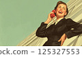 Smiling woman in vintage suit talking on red corded phone. Retro illustration with copy space on pastel background. Pin-up style poster. Design for banner, postcard, greeting card, poster 125327553