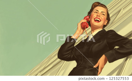 Smiling woman in vintage suit talking on red corded phone. Retro illustration with copy space on pastel background. Pin-up style poster. Design for banner, postcard, greeting card, poster Smiling woman in vintage suit talking on red corded phone. Retro illustration with copy space on pastel background. Pin-up style poster. Design for banner, postcard, greeting card, poster 125327553