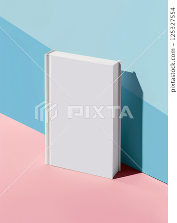 Standing blank hardcover book with white cover on monochrome background. Studio mockup photography. Book template for design. Design for poster, banner, card, postcard 125327554