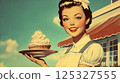 Happy woman in vintage uniform holding dessert plate with whipped topping. Retro diner scene illustration. Pin-up food and hospitality concept. Design for postcard, poster, greeting card, banner 125327555