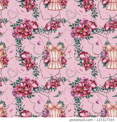 Corset lingerie, peonies and abstract lines in hearts shape watercolor seamless pattern. Beauty floral illustration with underwear, flowers isolated on pink background. Packaging in lingerie stores Corset lingerie, peonies and abstract lines in hearts shape watercolor seamless pattern. Beauty floral illustration with underwear, flowers isolated on pink background. Packaging in lingerie stores 125327564