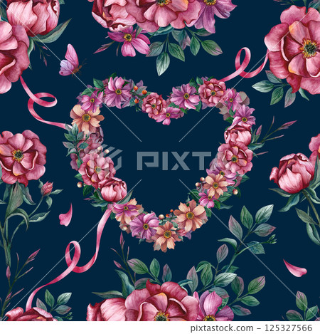 Flowers in hearts shape floral seamless pattern. Watercolor illustration on dark blue background. Hand drawn ornament for wrapping paper, packaging, scrapbook. International Women Day, Valentine Day Flowers in hearts shape floral seamless pattern. Watercolor illustration on dark blue background. Hand drawn ornament for wrapping paper, packaging, scrapbook. International Women Day, Valentine Day 125327566