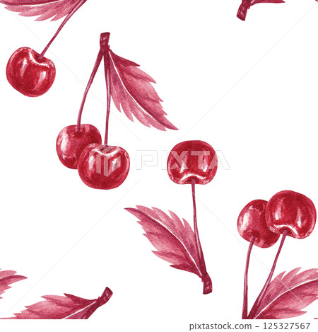 Sprig of two cherries with leaf seamless pattern. Monochrome Cherry twigs. Watercolor illustration isolated on white repeat background. Red berries for textile, packaging liqueur, tincture, jam, tea Sprig of two cherries with leaf seamless pattern. Monochrome Cherry twigs. Watercolor illustration isolated on white repeat background. Red berries for textile, packaging liqueur, tincture, jam, tea 125327567