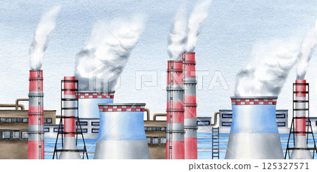 Smoke stack with steam industrial city factories watercolor border isolated with sky. Environmental pollution concept with plant pipes for climate change designs and global warming, heavy industry 125327571